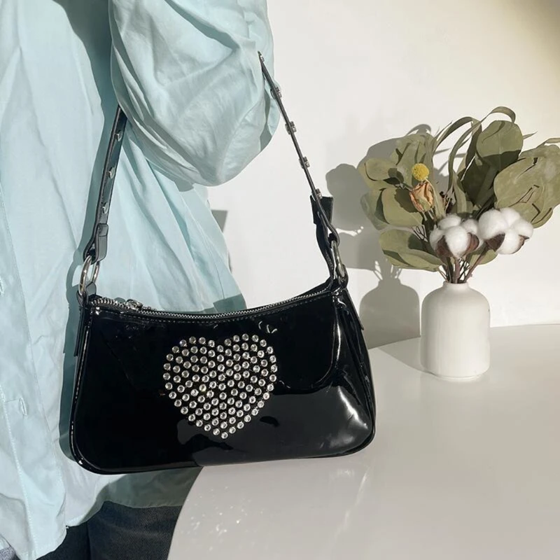 

Fashion Women Underarm Bag Retro PU Leather Clutch Bags Rhinestone Heart Handbag Vintage Top-Handle Shoulder Bag