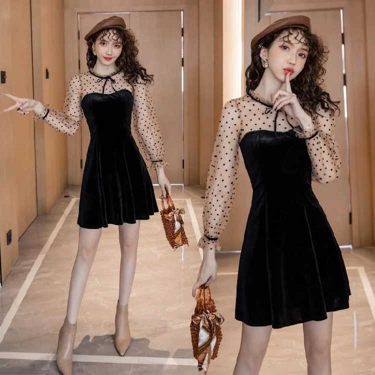 Модное Сетчатое мини-платье тонкое черное платье с круглым вырезом и длинным