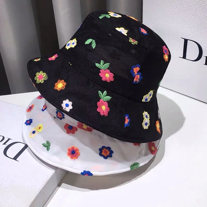 

organza embroidered flowers Summer women Bucket Hat Solid Color Wide Brim Beach UV Protection Round Top Sunscreen sun hat Cap
