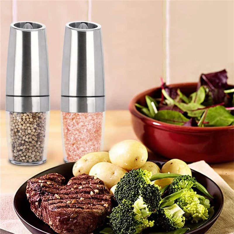 

2 Stainless Steel Electric Grinders Pepper Grinder Electric Gravity Salt and Pepper Grinder Automatic Grinder