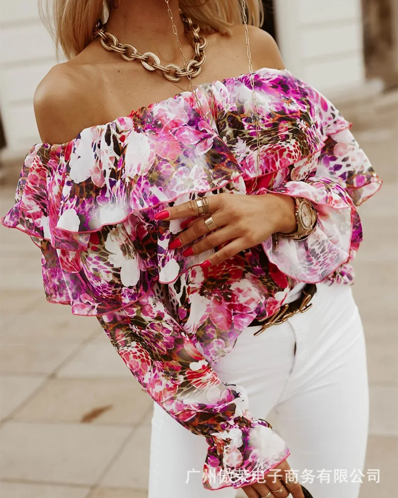 

2021 European and American women's autumn new long-sleeved one-shoulder printed chiffon blouse women shirt tops