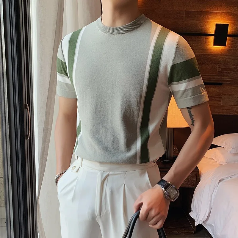 

Casual Plus Knitting Slim O 4XL T Fashion Shirt T Fit Pullovers Neck Style Shirts Sleeve Mens Striped Short Men Top Korean Size