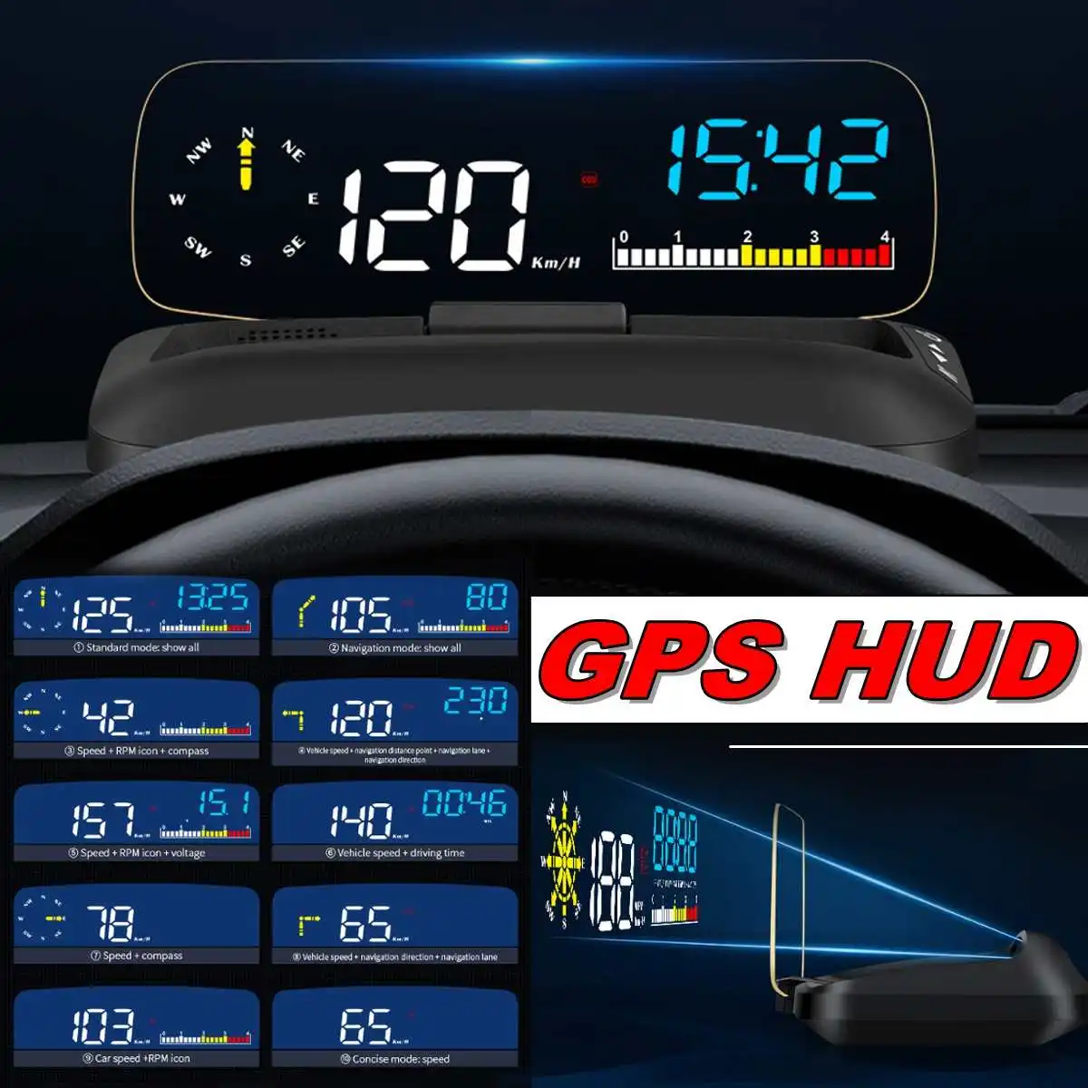 

NEW OBD2 HUD Mirror Car Head Up Display GPS Navigation Digital Speed Projector Security Alarm Oil Temp Pressure Large scren