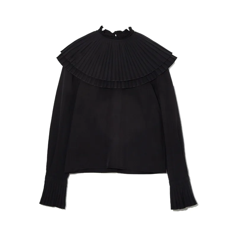 

Fashion Chic Pleated Ruffles Patchwork Blouse Women Elegant Vintage Flare Long Sleeve Design Shirts 2021 Spring New Blusas