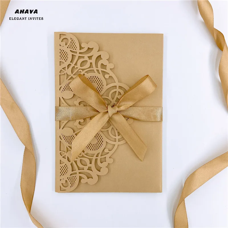 

free shipping 50X Laser Cut Tri-fold dark gold Lace floral pocket fold Wedding Invitation Card Invite RSVP Customize envelope