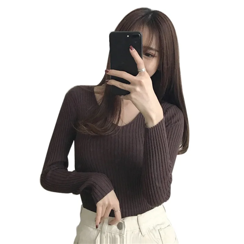 

Sweater Women Fashion Casual Slim V-Neck Bottoming Sweaters Solid Color Winter Basic Tops Wild Long Sleeve Women Pullover