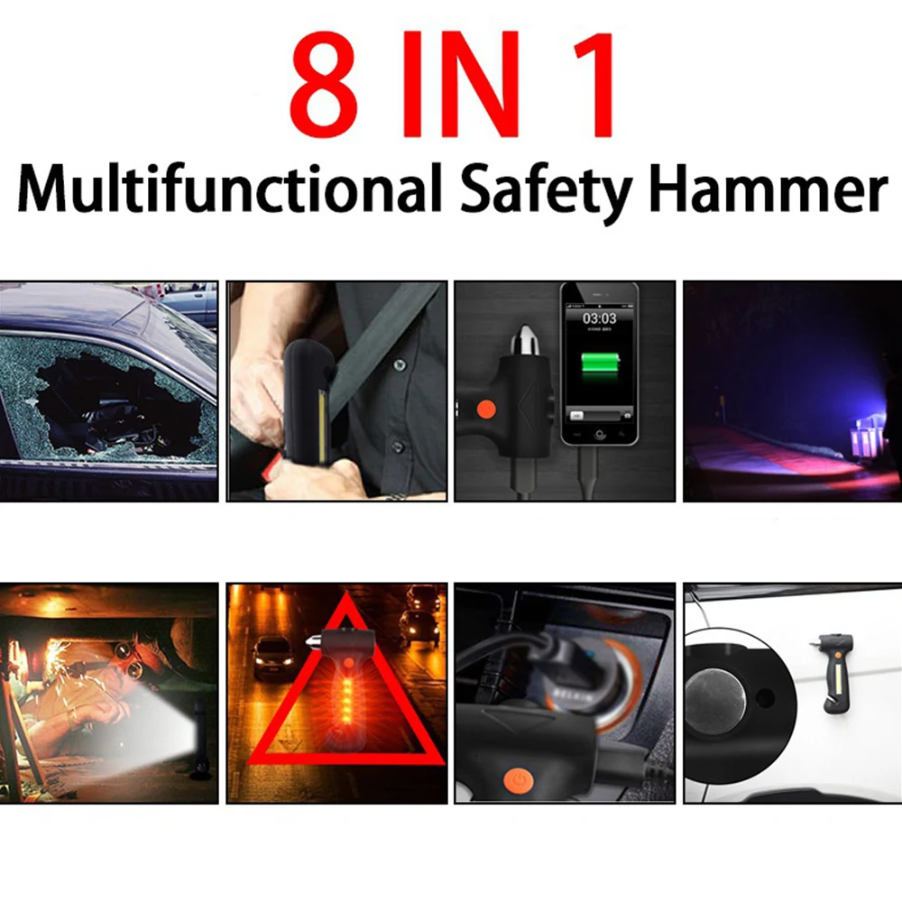 

8 In 1 Led Self Defense Flashlight Multi-Functional Safety Hammer USB Rechargeable Magnetic Working Light Emergency Car Hammer