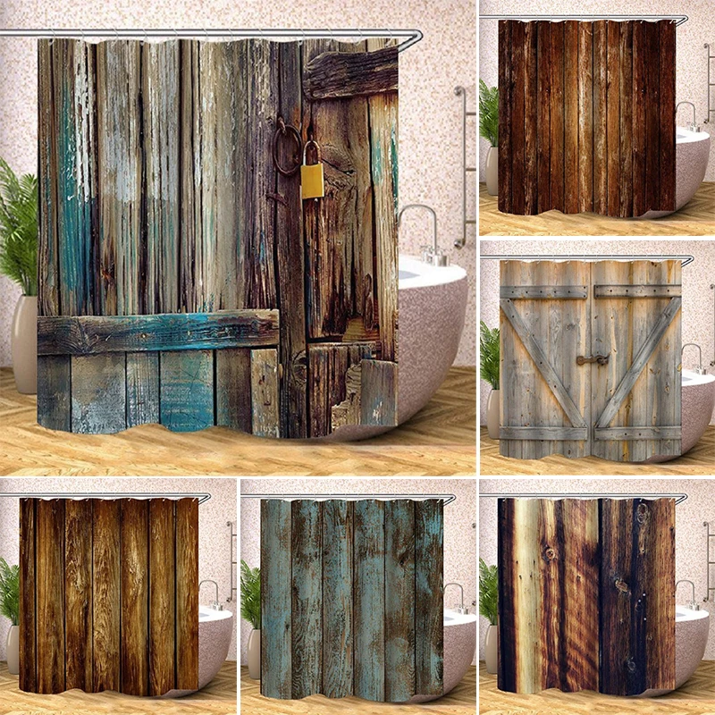 

Занавеска для ванной и душа в стиле ретро, водонепроницаемая занавеска для ванной из полиэстера с 3d принтом деревянной двери, в деревенском ...