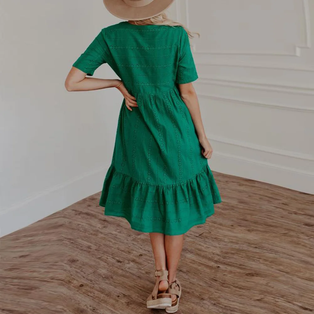

European summer new leisure solid color dress fashion loose o-neck short sleeve high waist women's medium long skirt