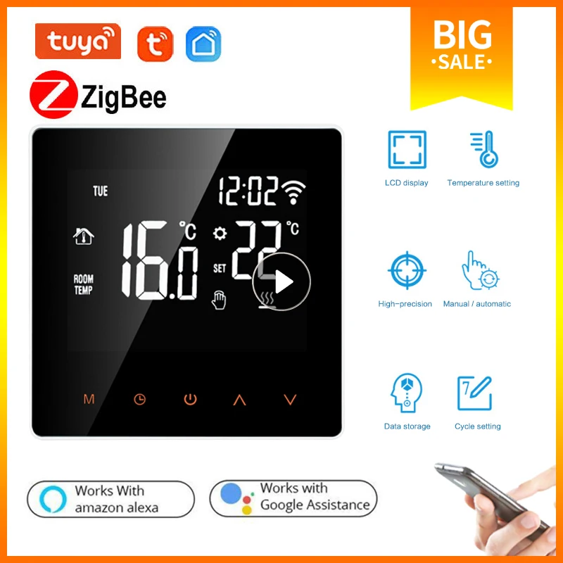 

Умный термостат Tuya Zigbee, контроллер температуры воды/электрического отопления со встроенным датчиком, поддержка Alexa Google Home