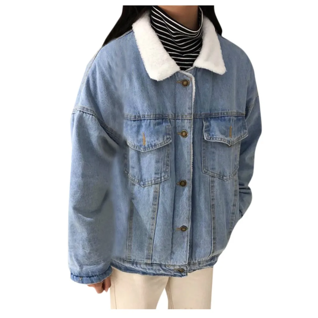 Женская джинсовая куртка с мехом Осенняя зимняя теплая в винтажном стиле длинным