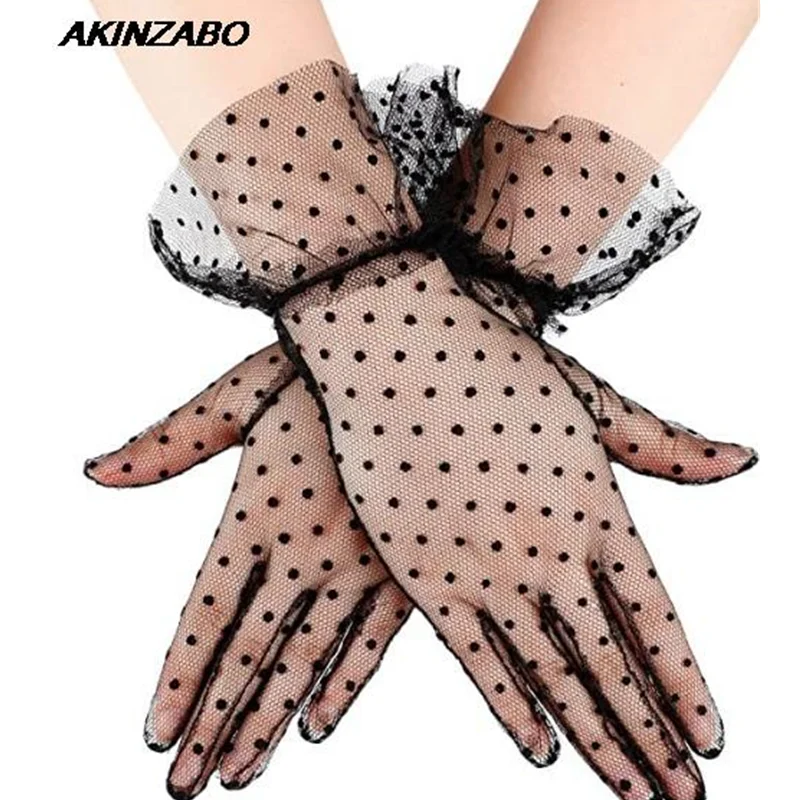 

Women's Sexy Lace Guantes Transparentes Dot Print Black White Mesh Tulle Gloves Female Club Prom Party Dancing Dress Gloves