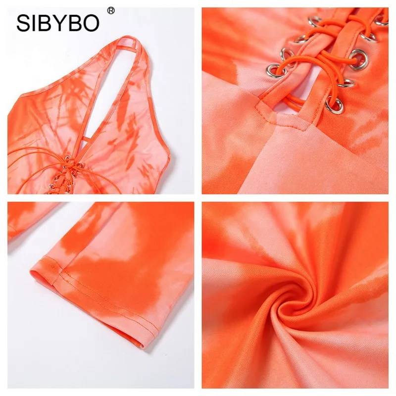 

SIBYBO Tie Dye Print Jumpsuit Women Summer Bandage Bodycon Sexy Rompers Jumpsuits Halter Backless Workout Fitness Overalls 2020