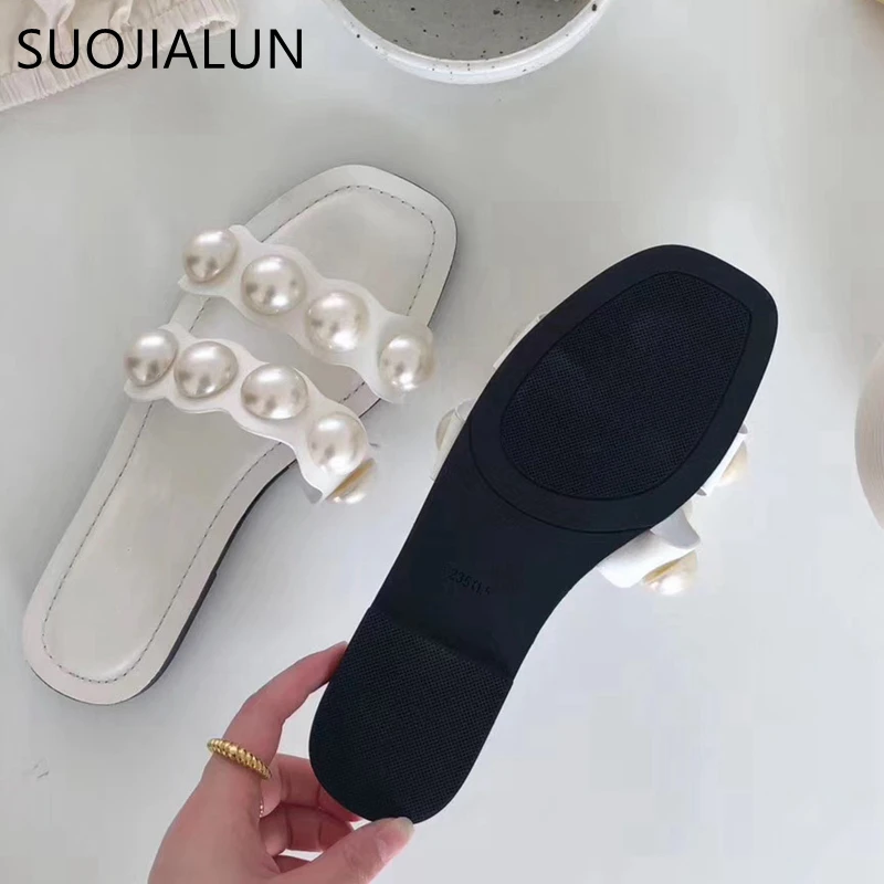 SUOJIALUN тапочки на плоской подошве женские модные брендовые шлепанцы с жемчужинами