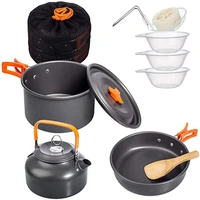 outdoor camping cookware set portable aluminum cookset tableware picnic water kettle pot pan bowl spoon kit with mesh bag