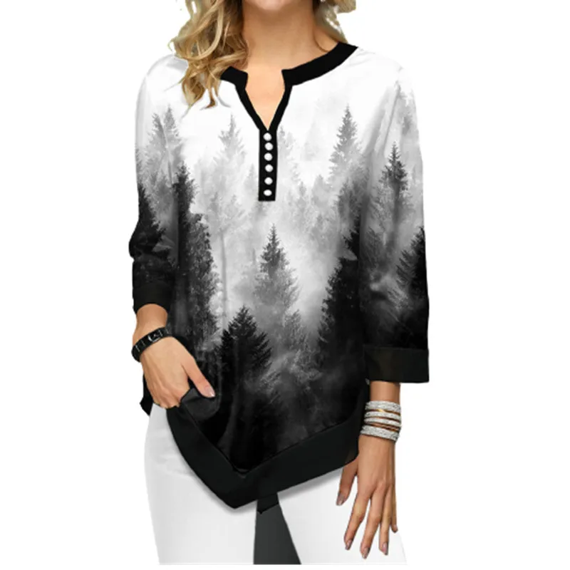 

2021 New Spring Summer Blouses Women Tie Dye Gradient Shirt 3/4 Sleeve Loose Large Size Tops S-5XL Casual V-Neck Button Shirts