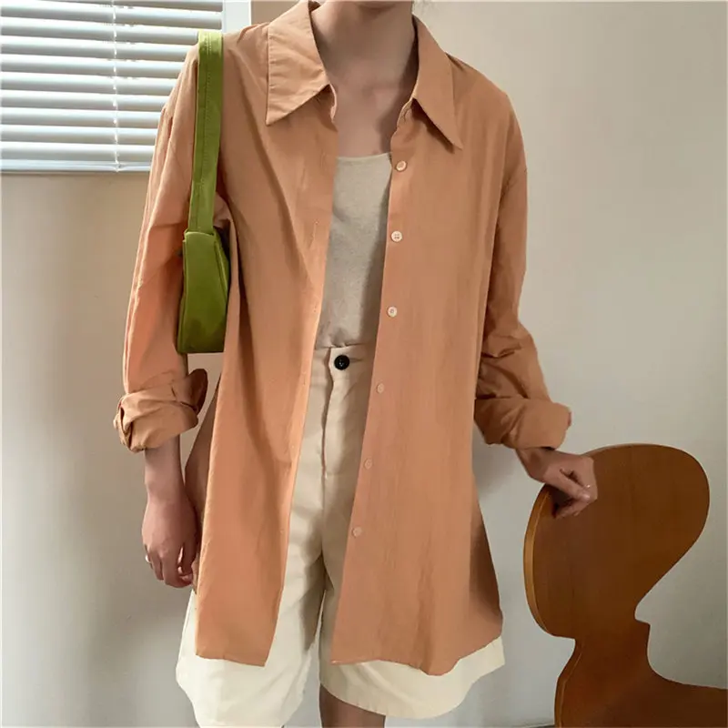 Женская Повседневная рубашка оранжевая Однотонная с длинным рукавом в Корейском