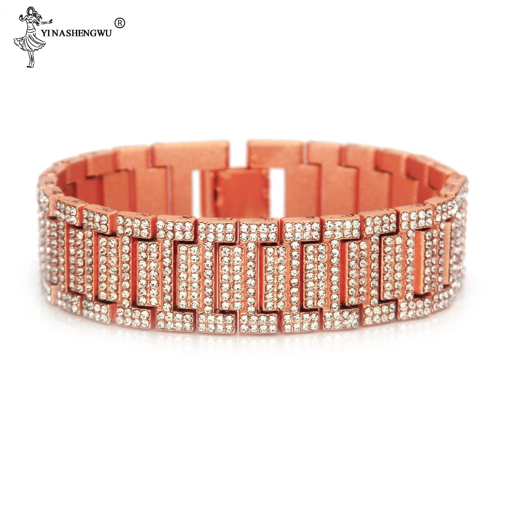 В стиле хип-хоп 21 мм Полный Стразы цепи из нержавеющей стали цвета: золотистый