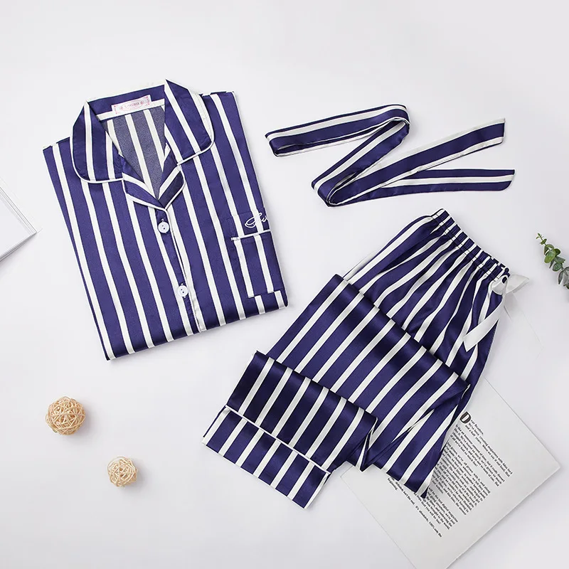 

Silk Pajamas Set Women Sexy Belt Stripe Sleepwear Dot Female Pyjamas Long Shirt Pant 2Piece/Set Sweet Lingerie kPaCotAkoWka