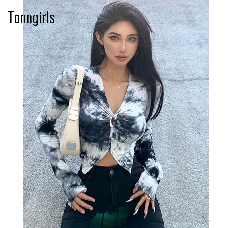 

Футболка с длинным рукавом, с принтом тай-дай, тонкая, черная, весна-осень, 2021