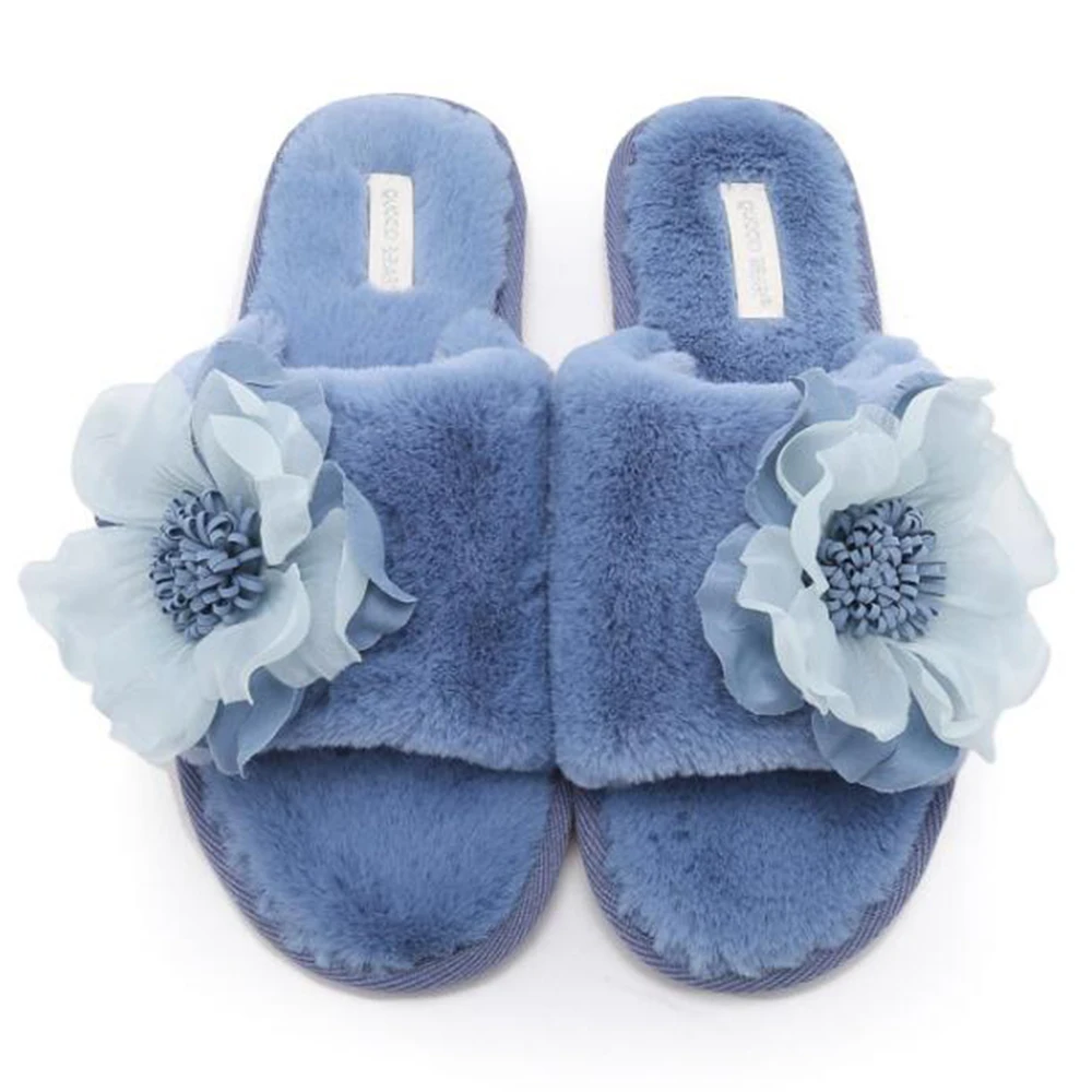 Новинка модные плюшевые тапочки с цветами женские теплые и нескользящие