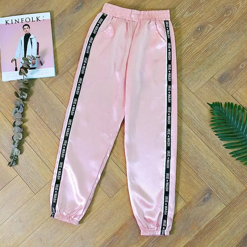 Pink Vangull/атласные шаровары с большим карманом, Женские глянцевые брюки до щиколотки с лентой, BF Harajuku, женские спортивные штаны - Цвет: Pink