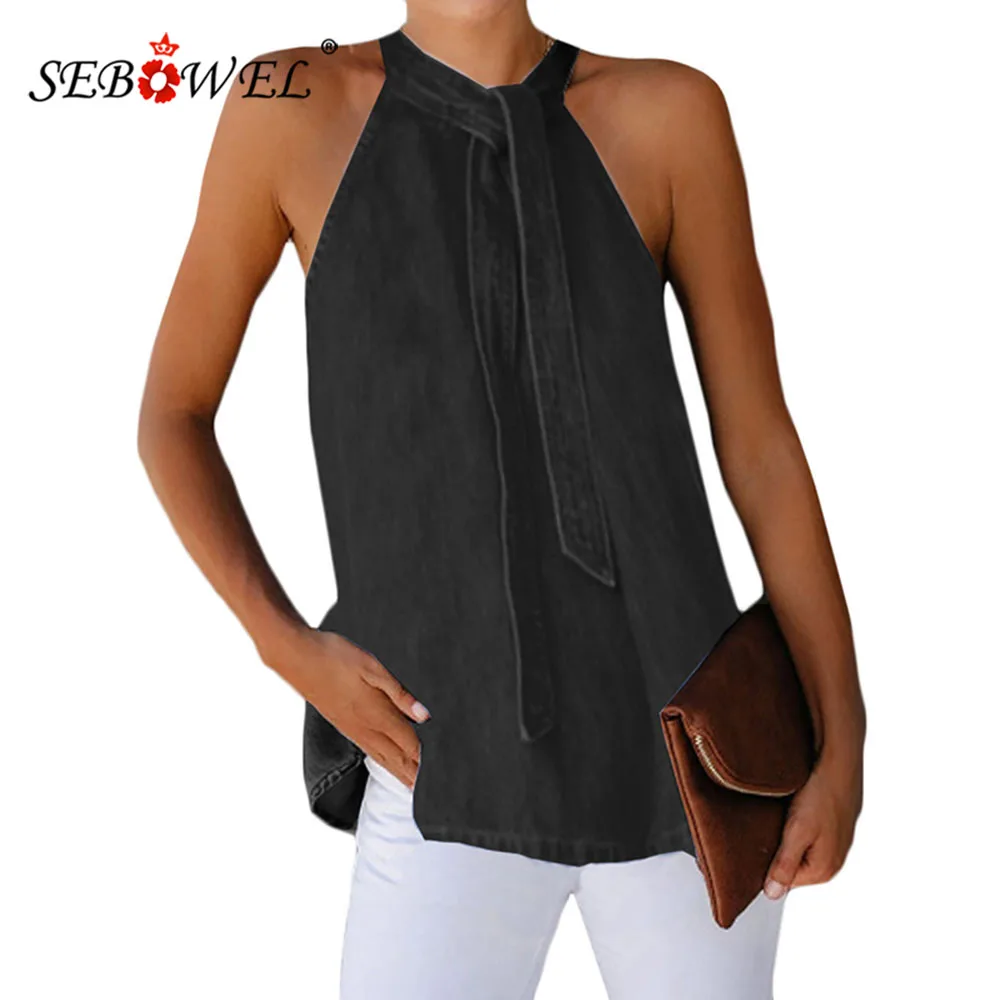 

SEBOWEL 2020 Fashion Woman Halter Neck Sleeveless Denim Tank Tops Summer Ladies Vests Tees Female Streetwear Clothes Size S-XXL