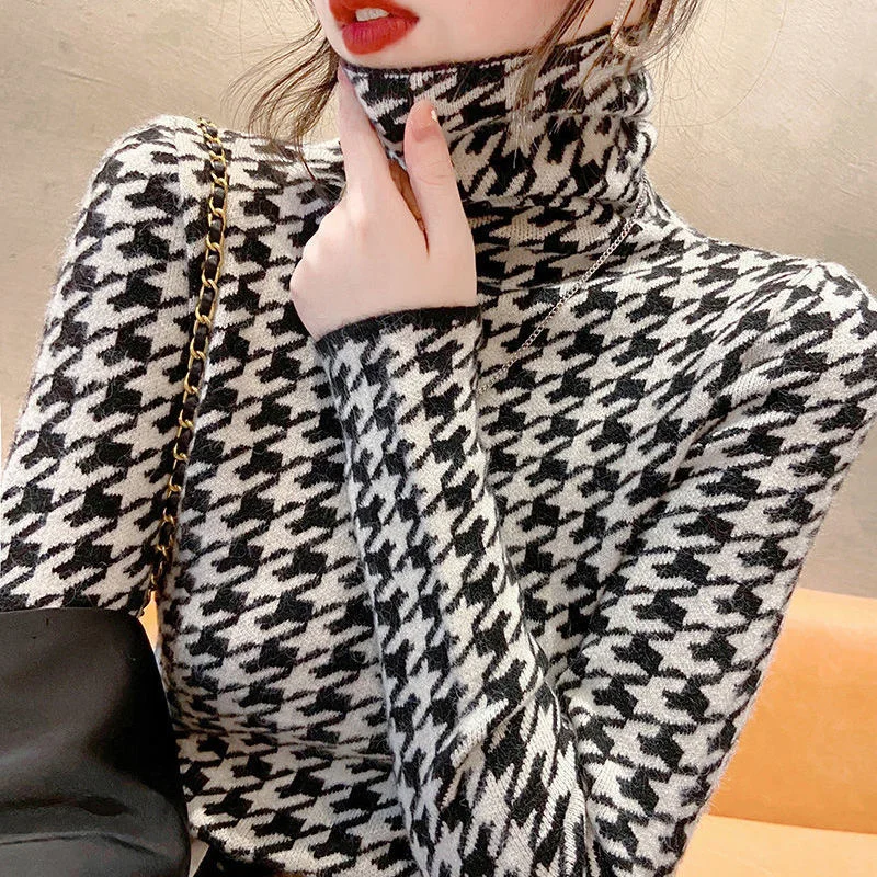 Свитер в клетку с воротником гусиные лапки роскошная шикарная рубашка пуловер