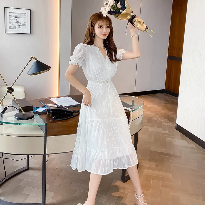 

COIGARSAM Women One Piece Korea Dress 2021 New French Style Full Sleeve Lace High Waist White Dresses Robe Traf