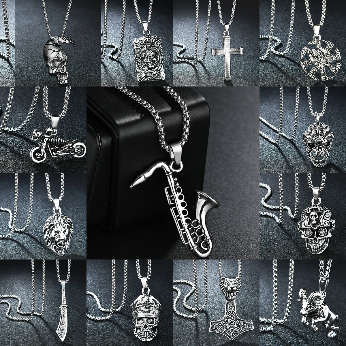 

High Quality Men's Punk Stainless Steel Charming Long Chain Necklace Cross Animal Head Knife Skull Pendant Birthday Jewelry Gift