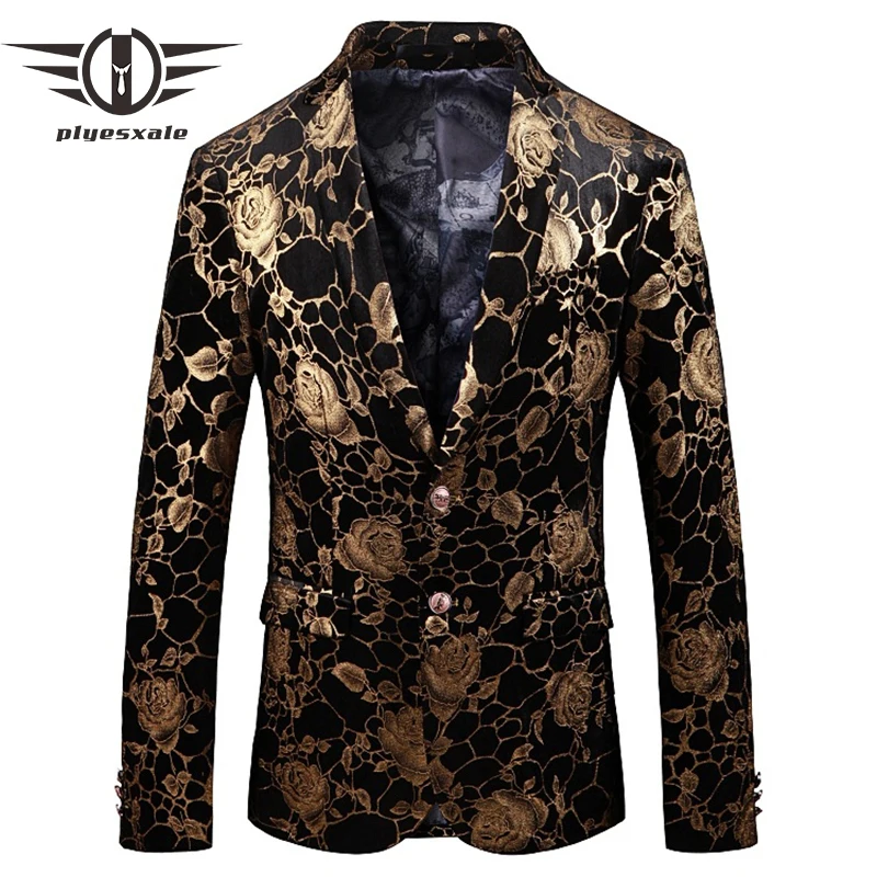 Plyesxale черно-золотой пиджак для мужчин 2019 Новинка весны Slim Fit с цветочным рисунком
