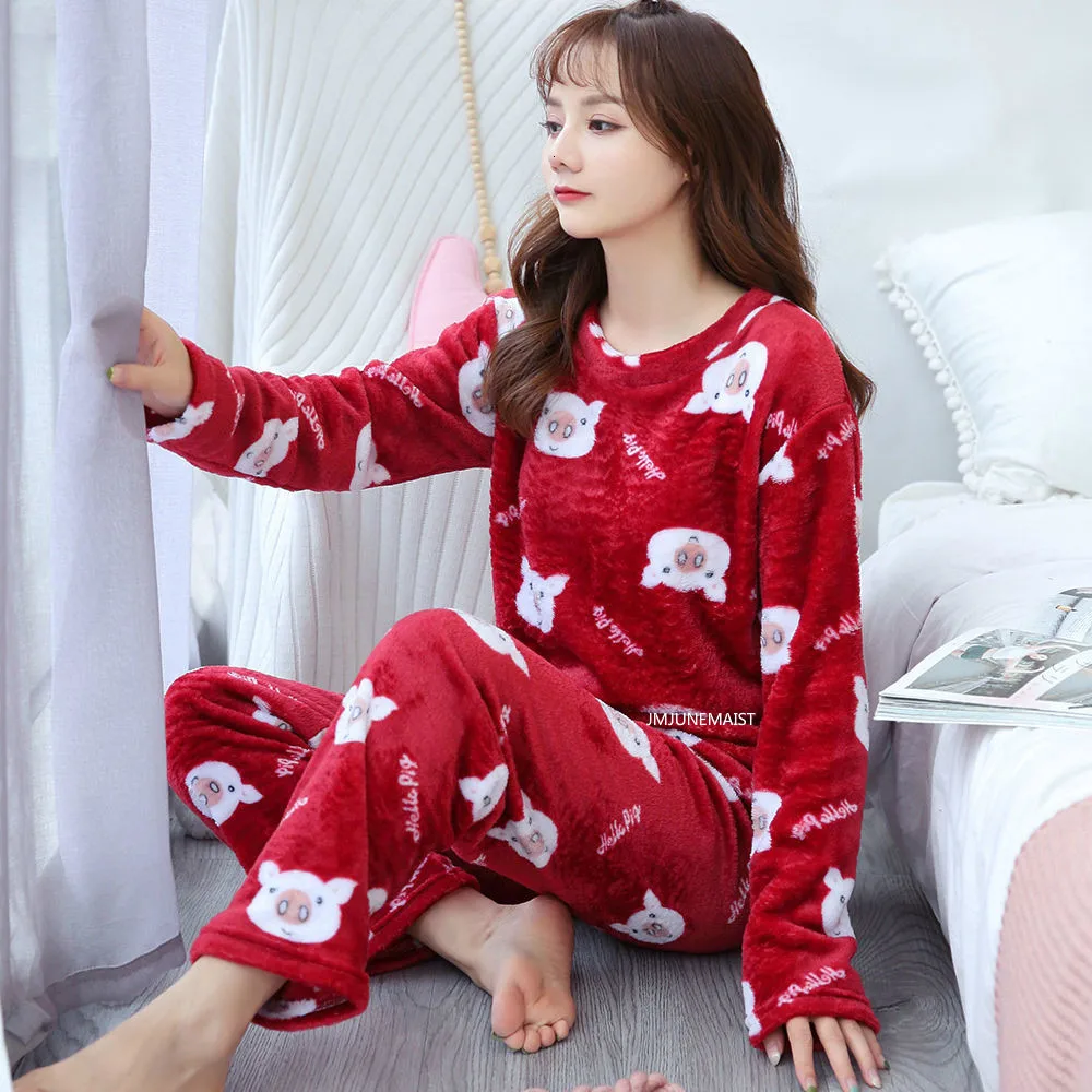 Зимняя теплая Пижама для женщин с длинным рукавом толстый бархат кораллового