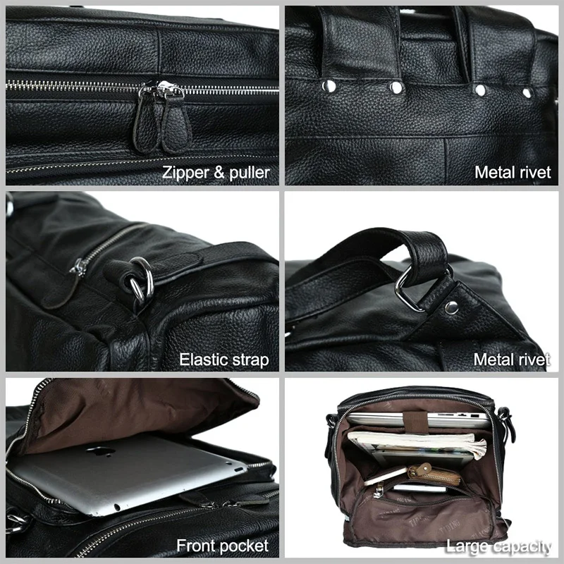 

TIDING Full Grain Leather Black School Backpacks 16" Travel Laptop Bags Camp Equipment 3035