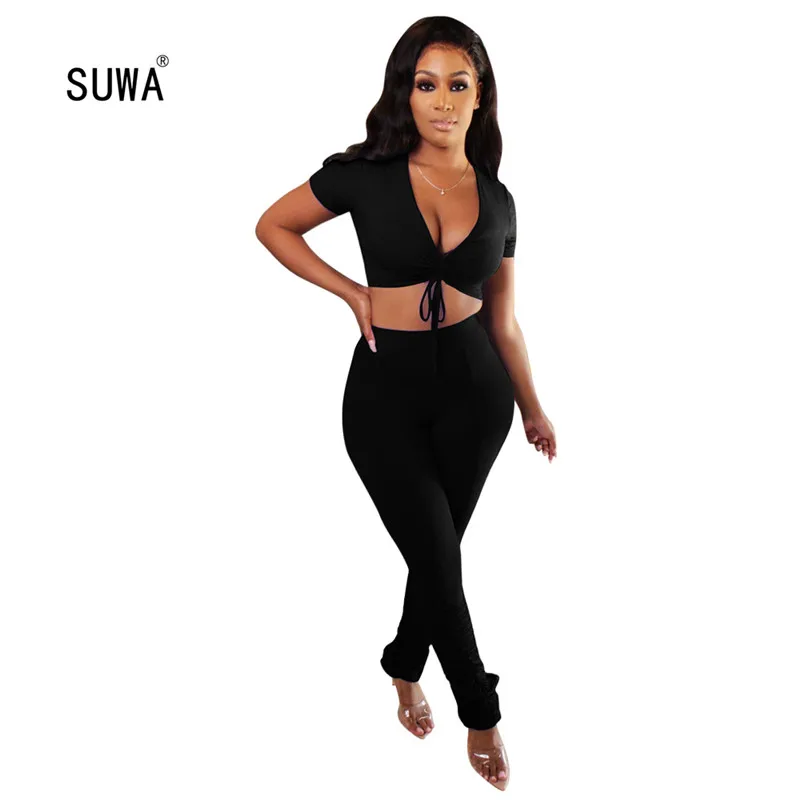 

Женский комплект из двух предметов, Однотонная футболка с V-образным вырезом и леггинсы на завязках в минималистском стиле, летний костюм