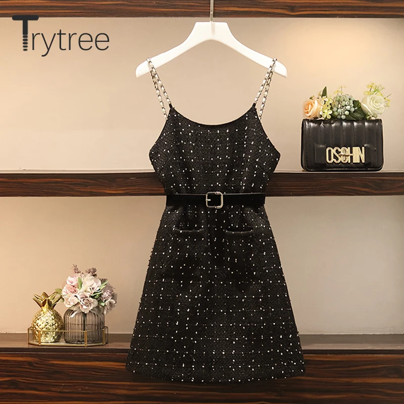 Trytree 2020 AW Women Casual two piece set Knitted Sweater + Sling Dress Polka Dot Zipper Sashes Set Fashion A-line 2 Piece |