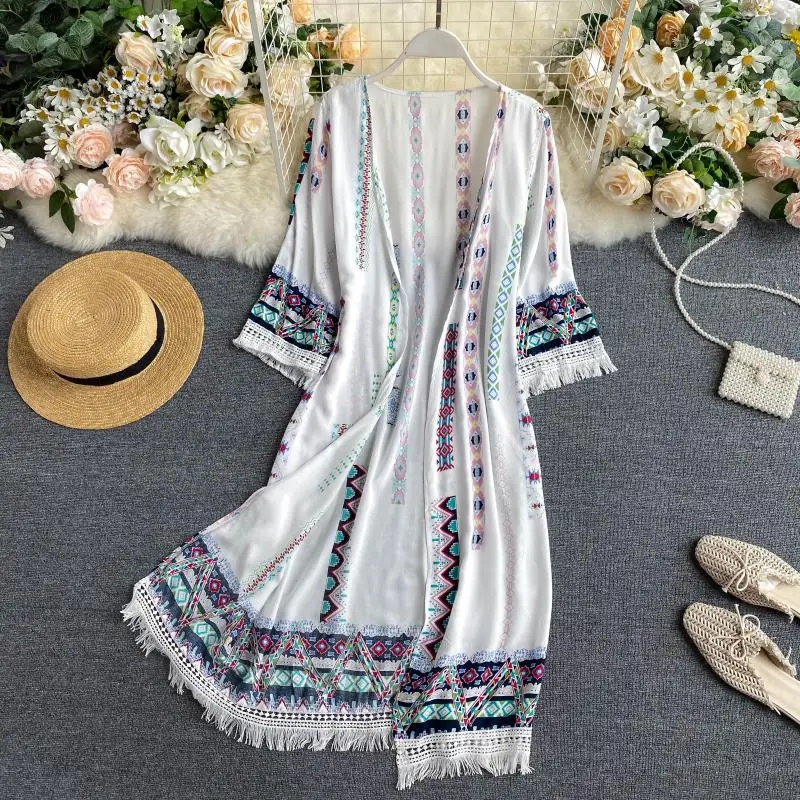 

Spring Summer Women's Jacket Retro Ethnic Style Printed Thin Open Stitch New Tassel Stitching Loose Female Coats QX961
