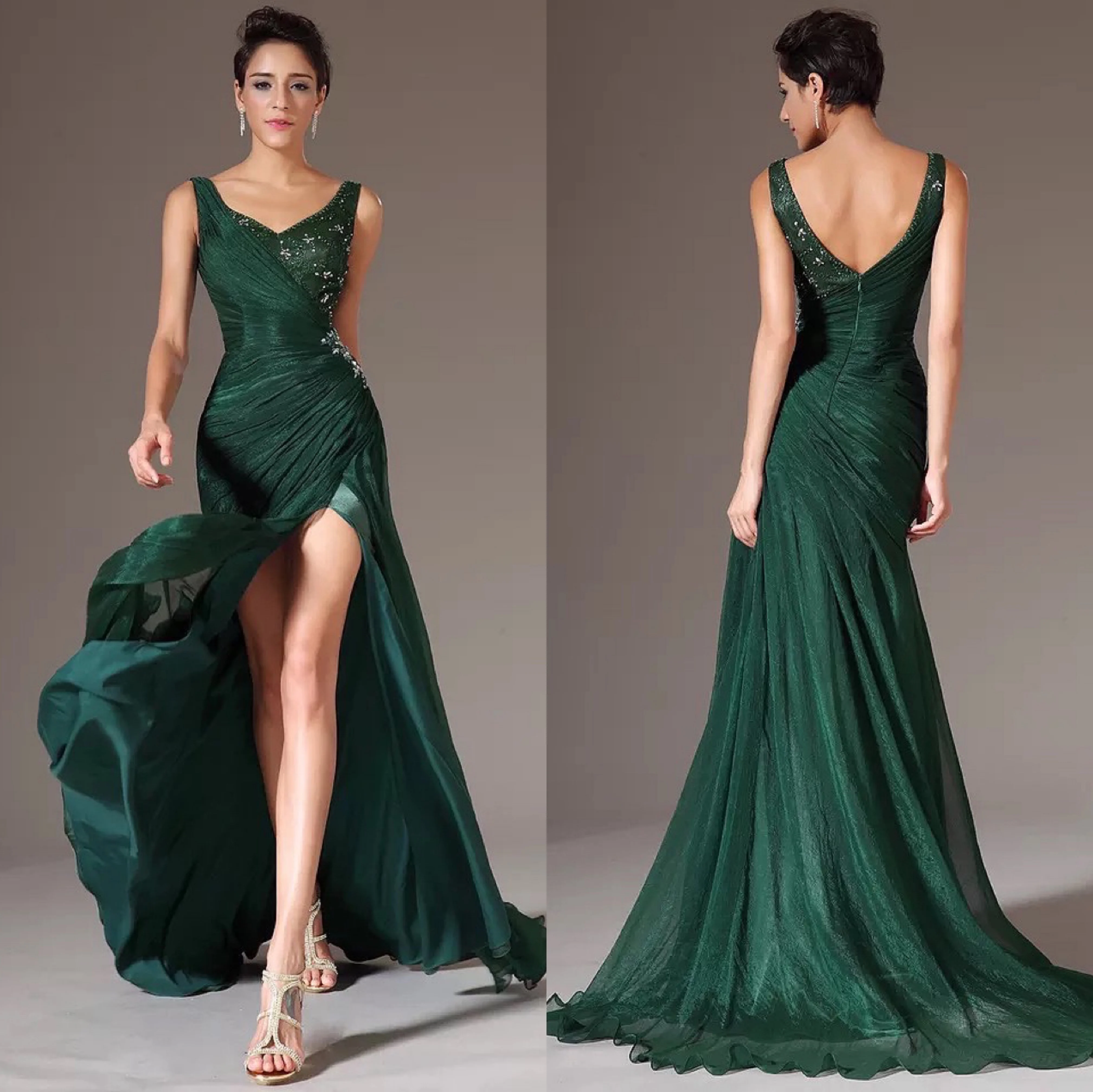 

Green Sexy Mermaid Evening Dress V-Neck Sleeveless Side Split Silk Chiffon Pleat Beaded Wedding Party Guest Prom Gown Formal New