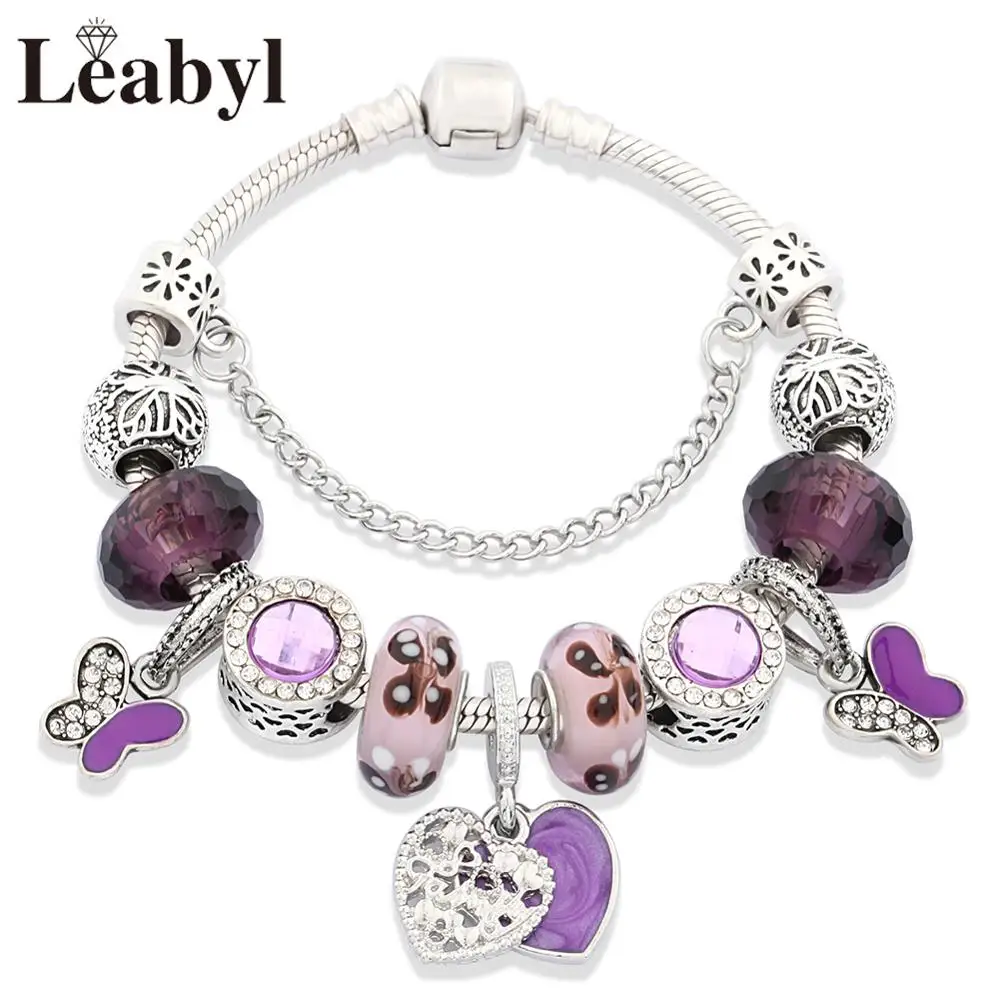 Leabyl Новое поступление фиолетовое сердце Бабочка эмаль очаровательный браслет на