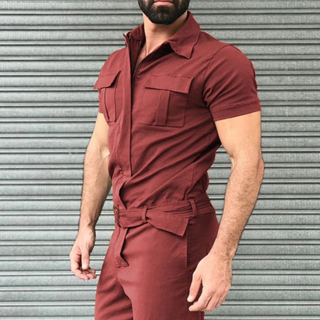 

2020 Cargo Jumpsuit Mens Onepiece Overalls Casual Notched Short Sleeve Rompers Solid Color Pocket Fashion Work Wear Streetwear