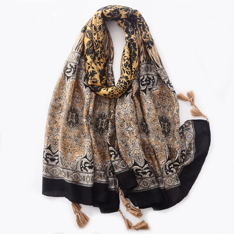 Best 2022 baumwolle Vintage Blume Druck Quaste Schal Schals Lange Frauen Floral Kopf Wrap Hijab Schals 3 Farbe Freies Verschiffen