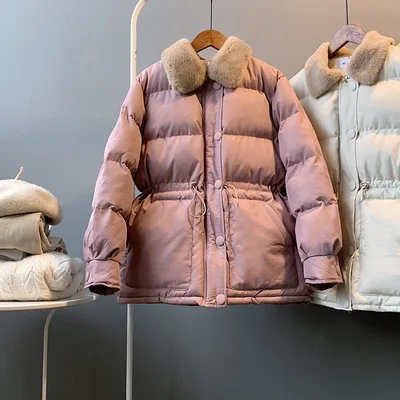 

double Talk waist about winter warm cotton coat women's style wool collar cotton suit Korean version skinny cotton coat