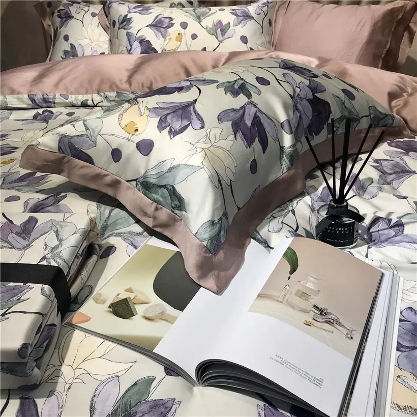 ?? Tencel Silk-花柄のベッドリネンセット,コンフォーターカバー,ソフトリネン,フラットベッド,フィットシート,ライト