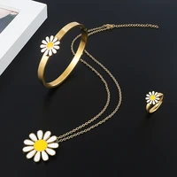 luxury daisy flower bangle bracelet enamel ring charm pendant necklace for women white sunflower design jewelry sets