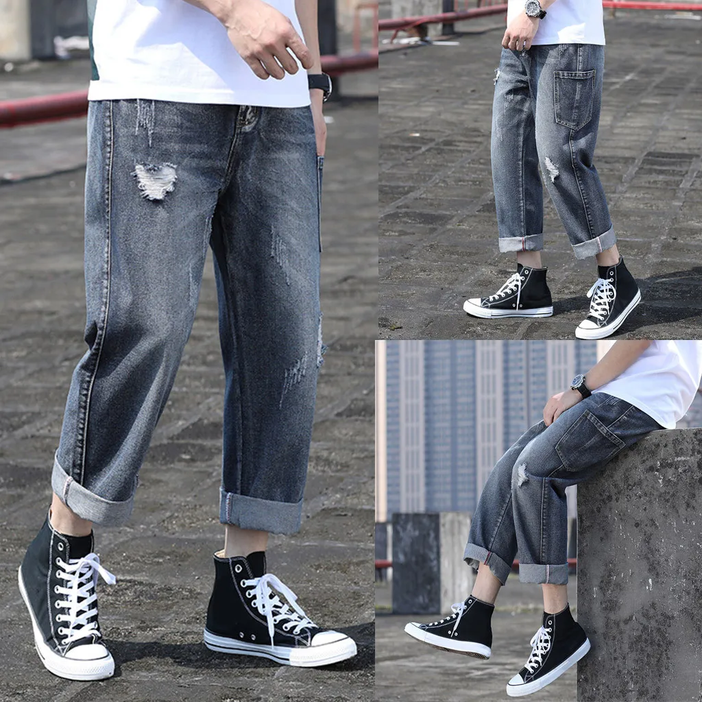 

Vogue Men's Large Size Hole Straight Straight Loose Denim Pants Solid Color Breathable Waist Large Pocket Jeans Men Gray