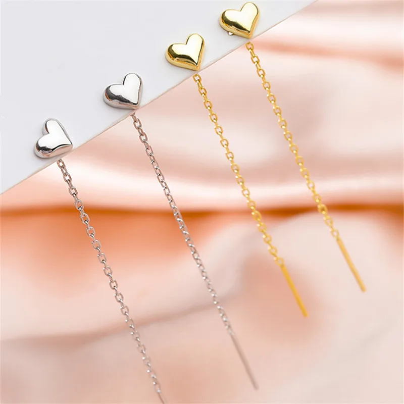 

925 Sterling Silver Tassel Long Heart Korean Stud Earring For Women Wedding Party Jewelry Pendientes Accessories eh959