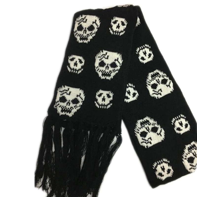 Scarf With Fringes For Men Black And White Stylish Knitted Wool Feel Long Fashion Scarf With Fringes Skull Crossbones