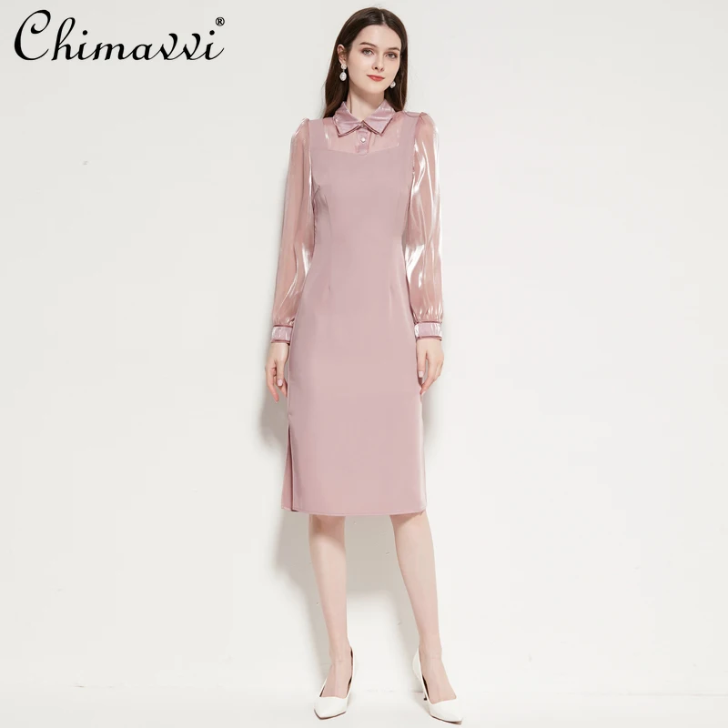 

Women's Wear Spring Sexy Dress Long Sleeve High Waist Long Dress Female Elegant Waist Tight Slit Pink Dresses for New Year 2022