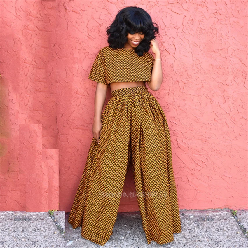

2021 Woman African Clothes Fashion Dashiki Print Ankara Style Top Wide Leg Pants High Waist African Dresses For Women Robe Party