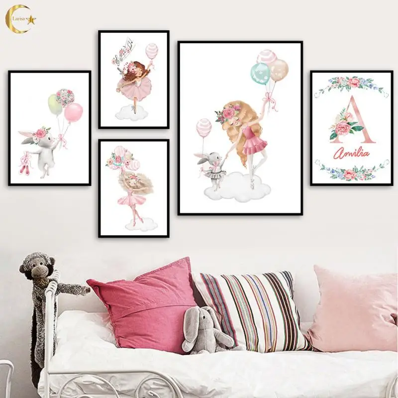 

Nordic Posters and Prints Ballet Girl Rabbit Balloon Flowers Letter Canvas Painting Wall Art Pictures for Kids Room Home Decor