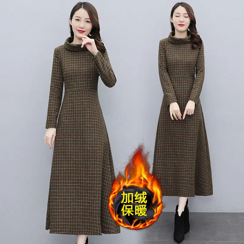 Half High Collar Woolen Dress Women Long Sleeve Autumn And Winter Thickening Fashion Slim Elegant Plaid Dress M1631